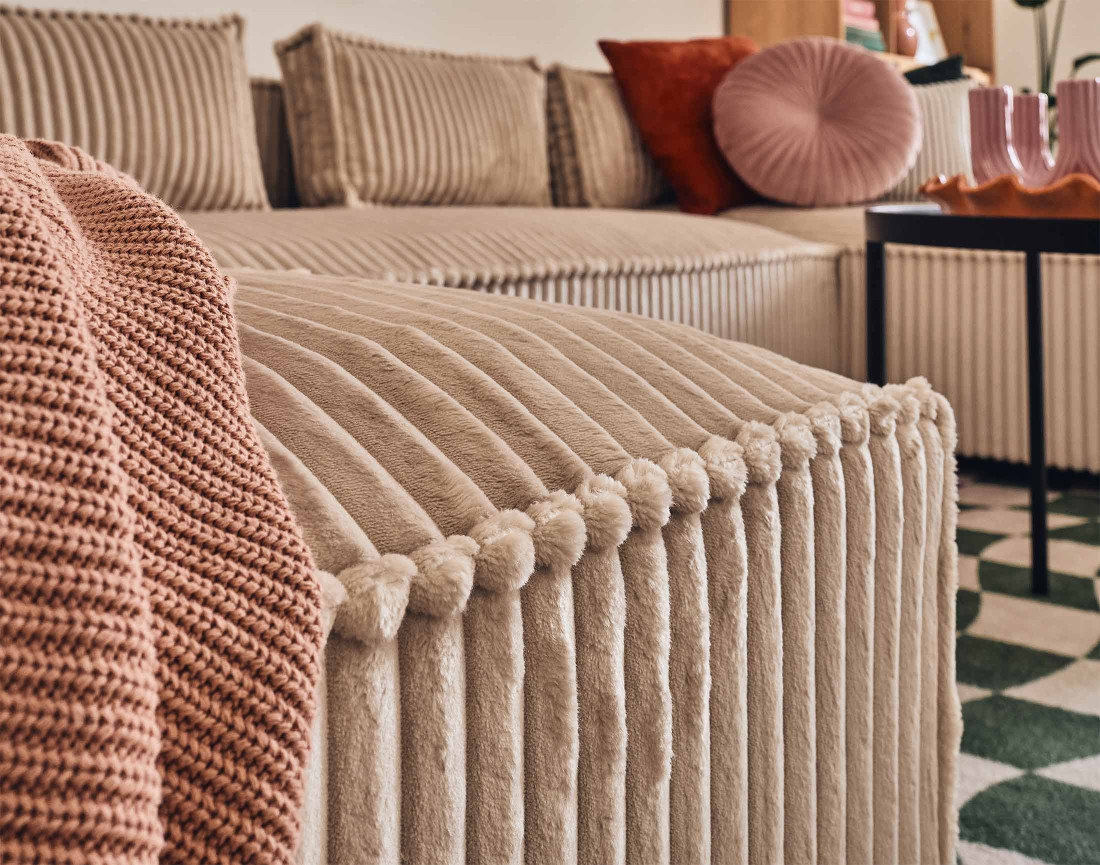 Canapé panoramique en U 7 places en velours côtelé grosses côtes Stella