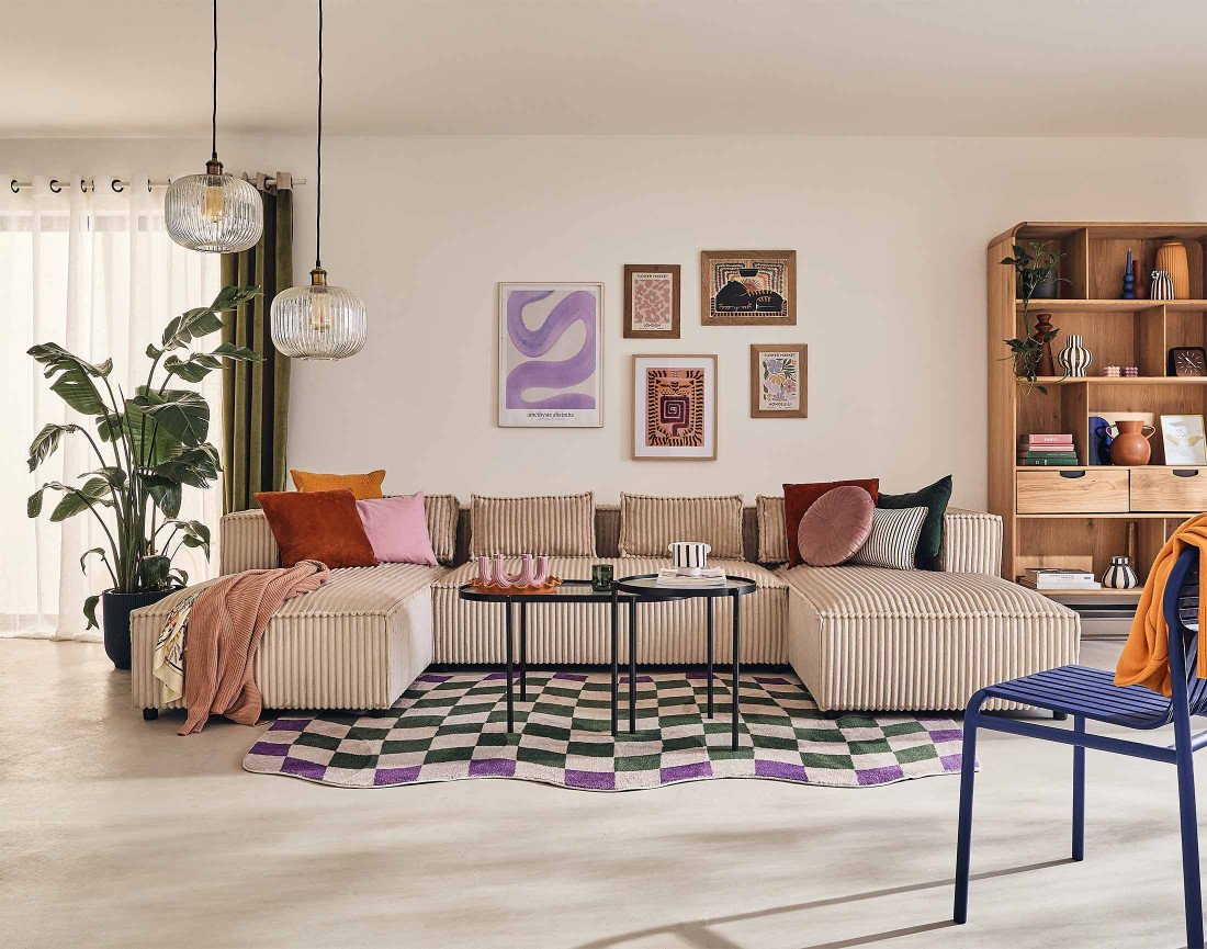 Canapé panoramique en U 7 places en velours côtelé grosses côtes Stella