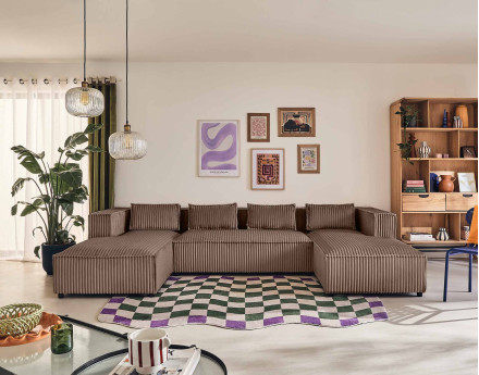 Canapé panoramique en U 7 places en velours côtelé grosses côtes Stella