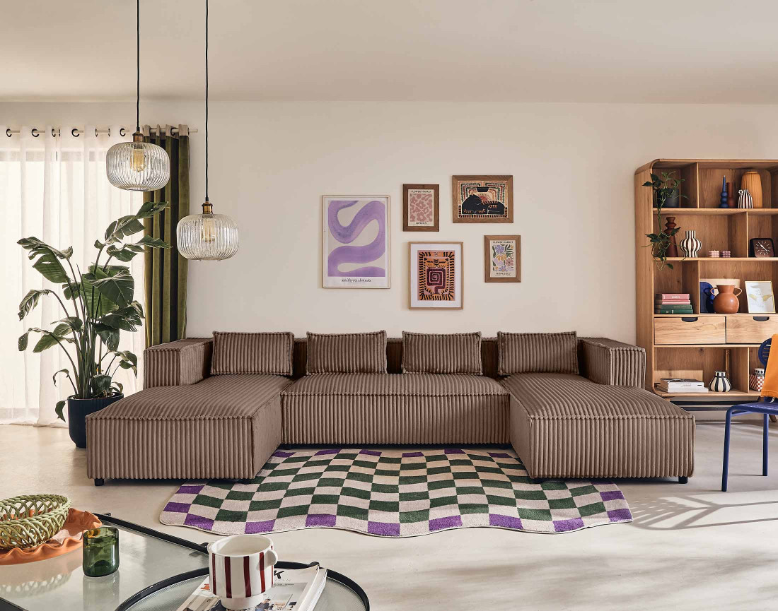 Canapé panoramique en U 7 places en velours côtelé grosses côtes Stella