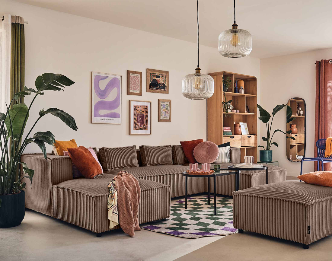 Canapé panoramique en U 7 places en velours côtelé grosses côtes Stella