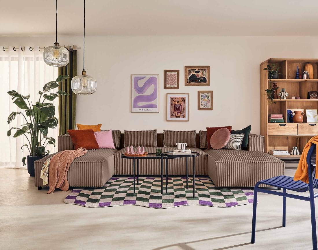 Canapé panoramique en U 7 places en velours côtelé grosses côtes Stella