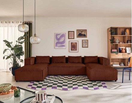 Canapé panoramique en U 7 places en velours côtelé grosses côtes Stella