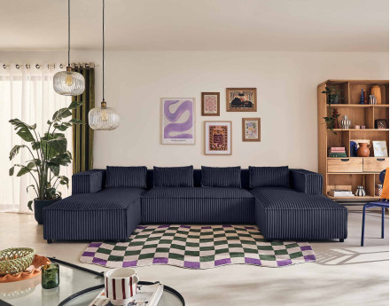 Canapé panoramique en U 7 places en velours côtelé grosses côtes Stella