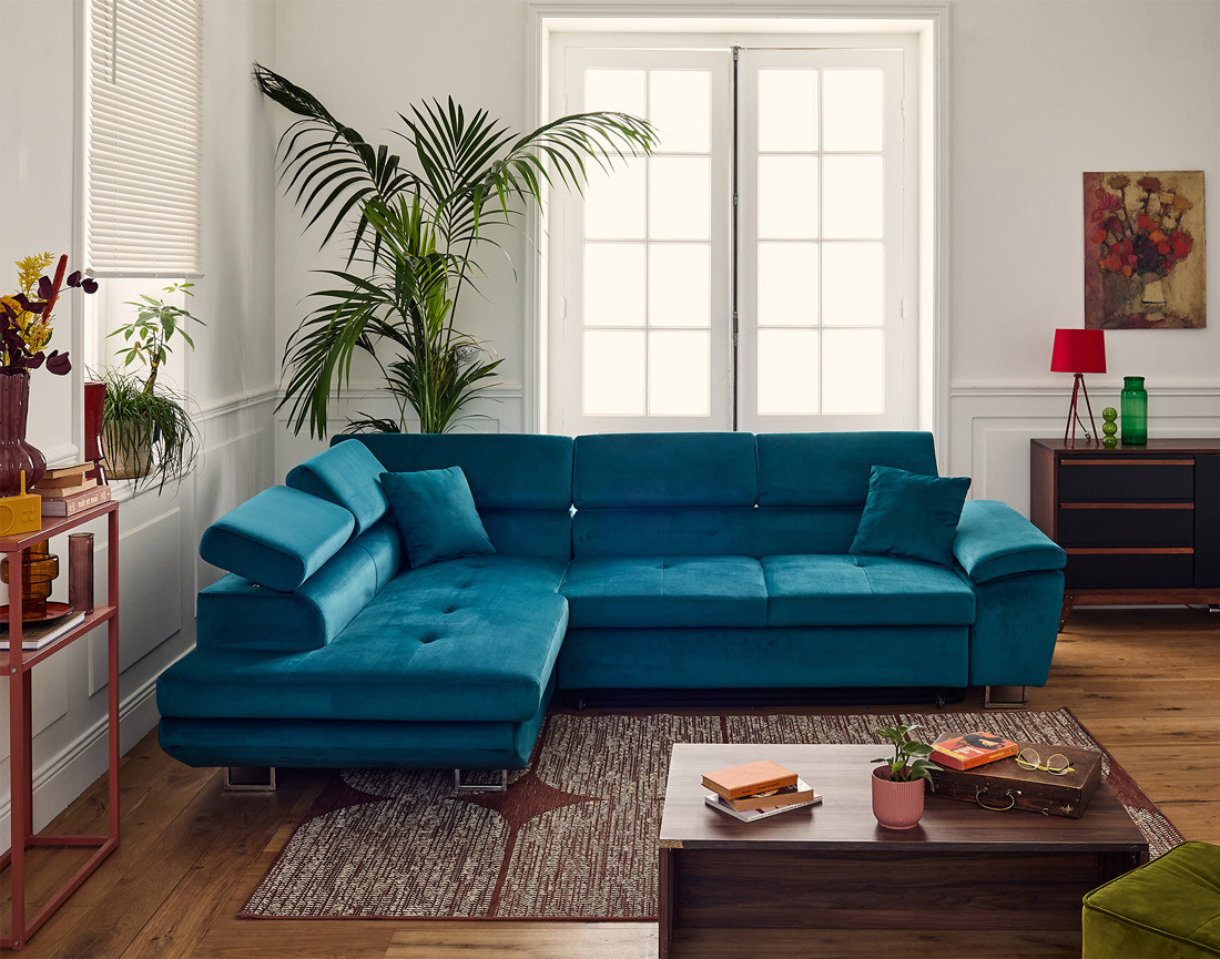 Canapé d'angle gauche 5 places convertible avec coffre et têtières réglables en velours Dimas