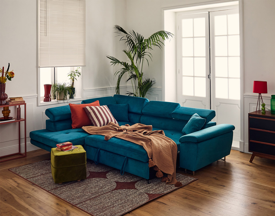 Canapé d'angle gauche 5 places convertible avec coffre et têtières réglables en velours Dimas