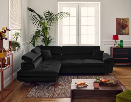 Canapé d'angle gauche 5 places convertible avec coffre et têtières réglables en velours Dimas