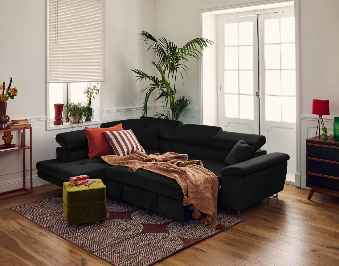 Canapé d'angle gauche 5 places convertible avec coffre et têtières réglables en velours Dimas