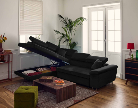 Canapé d'angle gauche 5 places convertible avec coffre et têtières réglables en velours Dimas