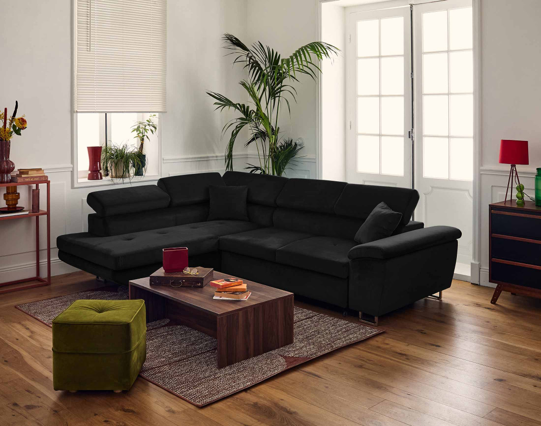 Canapé d'angle gauche 5 places convertible avec coffre et têtières réglables en velours Dimas