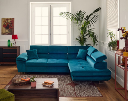 Canapé d'angle droit 5 places convertible avec coffre et têtières réglables en velours Dimas