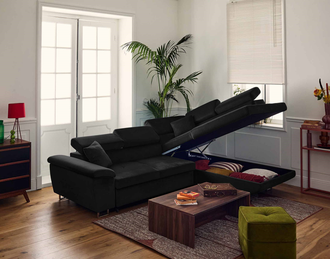 Canapé d'angle droit 5 places convertible avec coffre et têtières réglables en velours Dimas