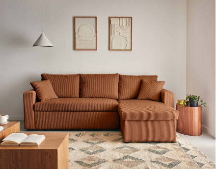 Canapé d'angle réversible 4 places convertible avec coffre en velours côtelé Cyrus