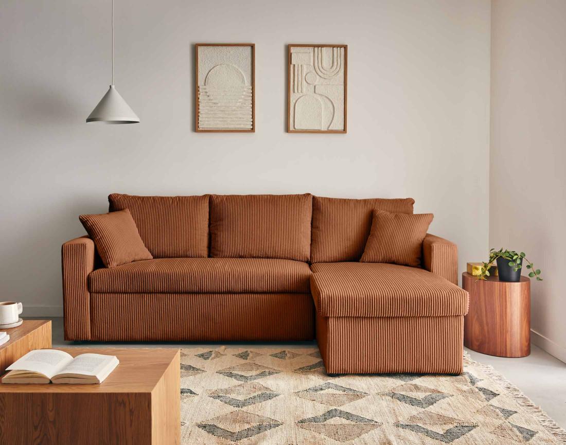 Canapé d'angle réversible 4 places convertible avec coffre en velours côtelé Cyrus