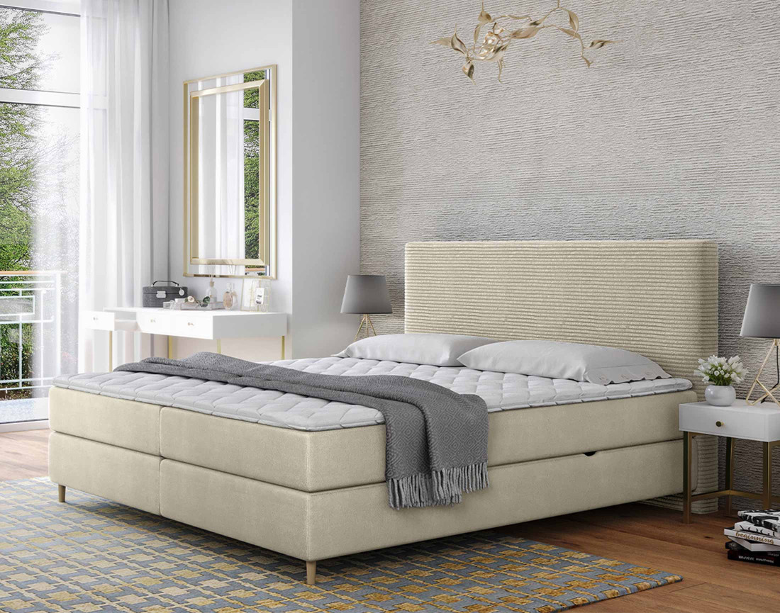 Lit boxspring 180x200 cm coffres et surmatelas inclus en velours côtelé Rafaela