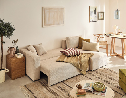 Canapé d'angle réversible 4 places convertible avec coffre en velours texturé Topaze