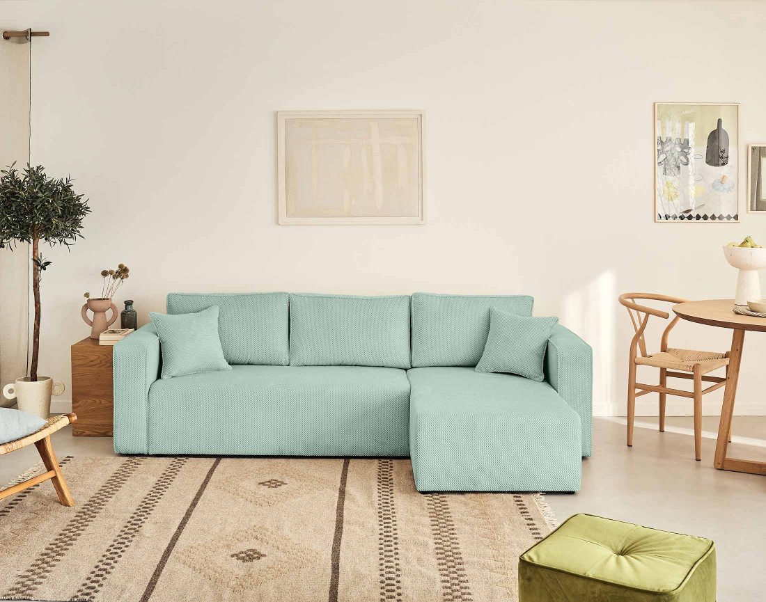 Canapé d'angle réversible 4 places convertible avec coffre en velours texturé Topaze