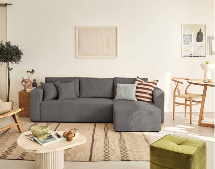 Canapé d'angle réversible 4 places convertible avec coffre en velours texturé Topaze