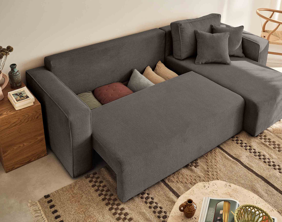 Canapé d'angle réversible 4 places convertible avec coffre en velours texturé Topaze