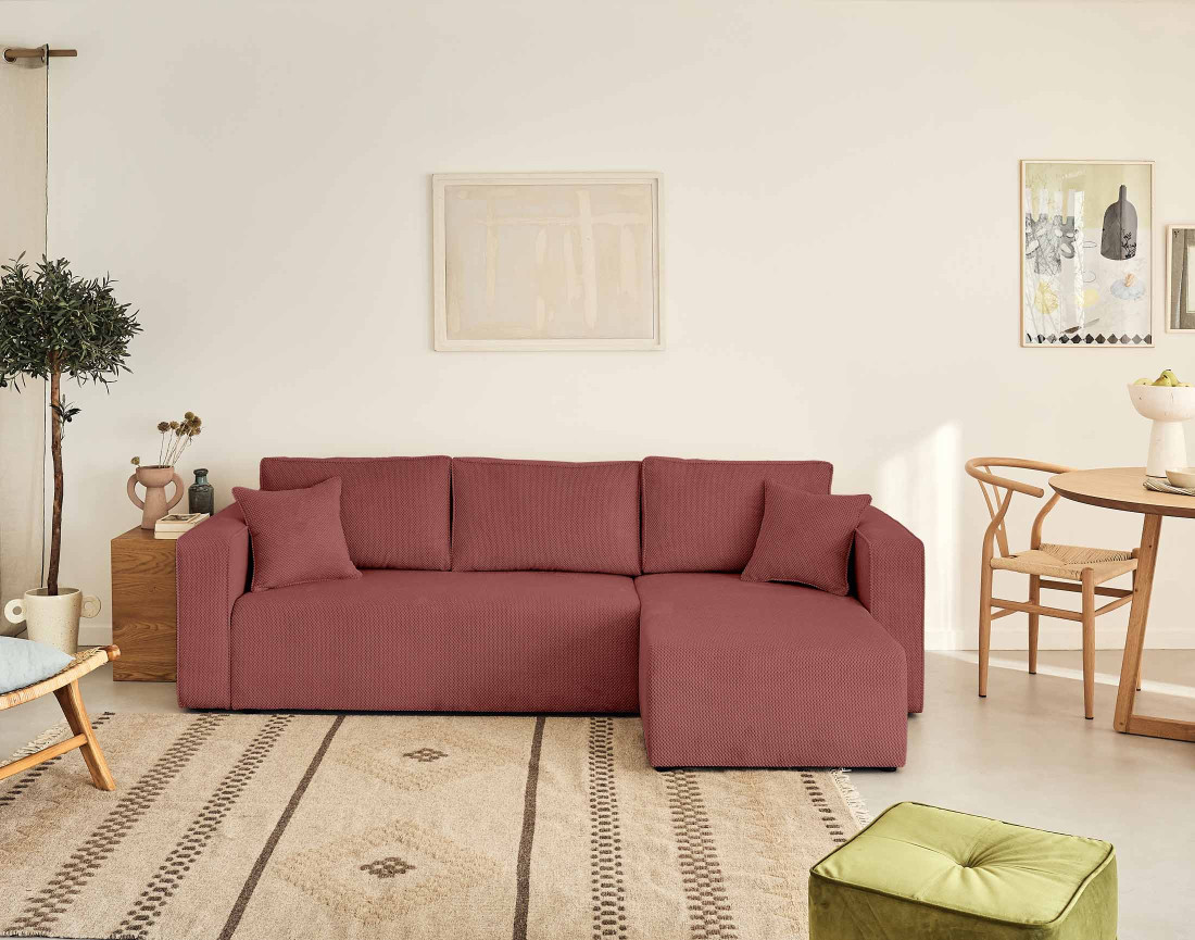 Canapé d'angle réversible 4 places convertible avec coffre en velours texturé Topaze