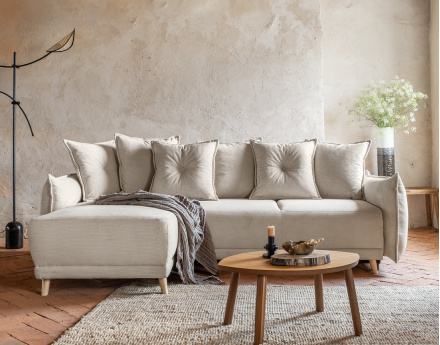 Canapé d'angle réversible 4 places convertible avec coffre en velours côtelé Lena