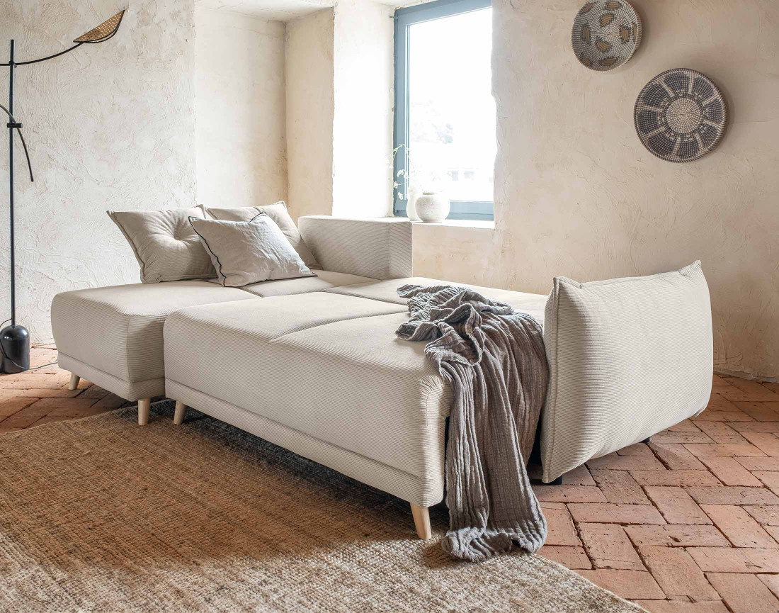 Canapé d'angle réversible 4 places convertible avec coffre en velours côtelé Lena