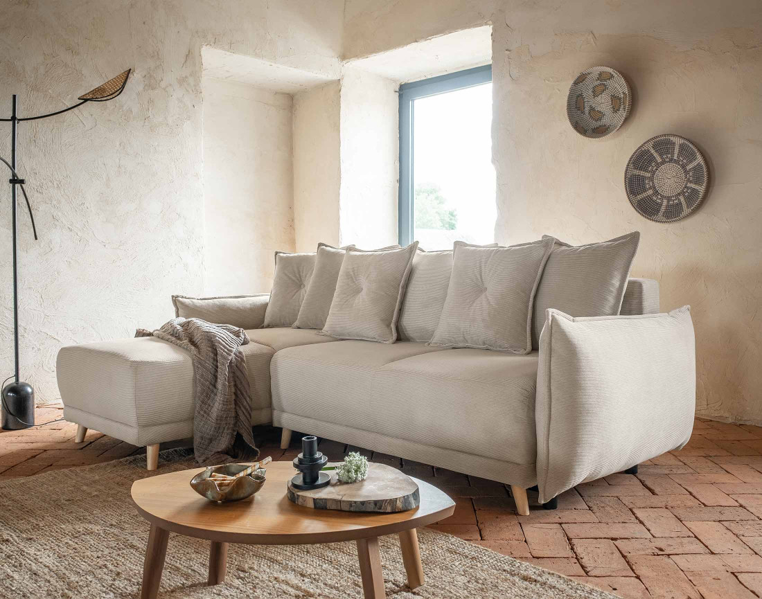 Canapé d'angle réversible 4 places convertible avec coffre en velours côtelé Lena