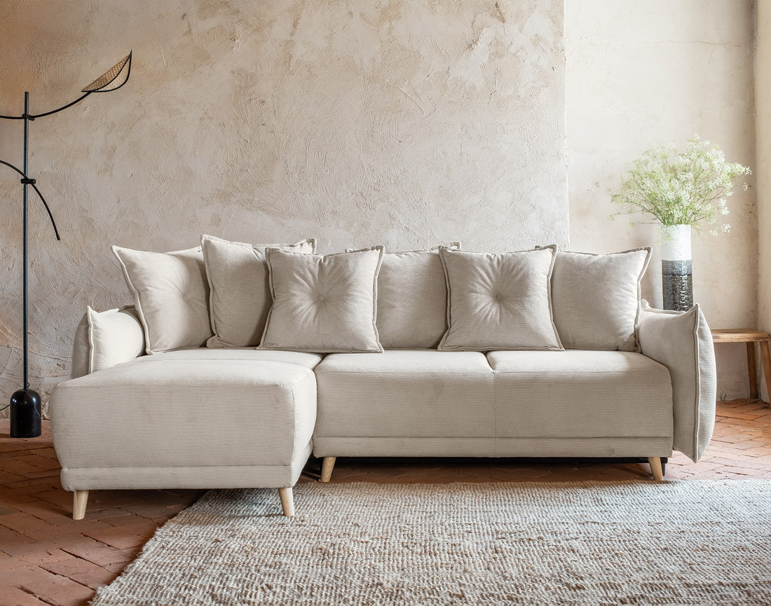 Canapé d'angle réversible 4 places convertible avec coffre en velours côtelé Lena