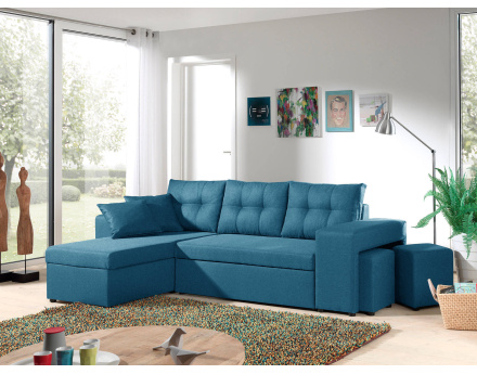 California - Canapé d'angle réversible et convertible avec coffre de rangement - 246x85x145cm - Bleu canard