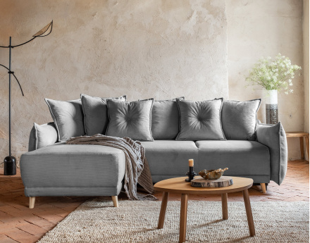 Canapé d'angle réversible 4 places convertible avec coffre en velours côtelé Lena