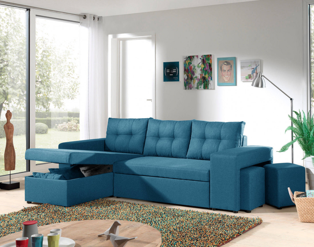 California - Canapé d'angle réversible et convertible avec coffre de rangement - 246x85x145cm - Bleu canard