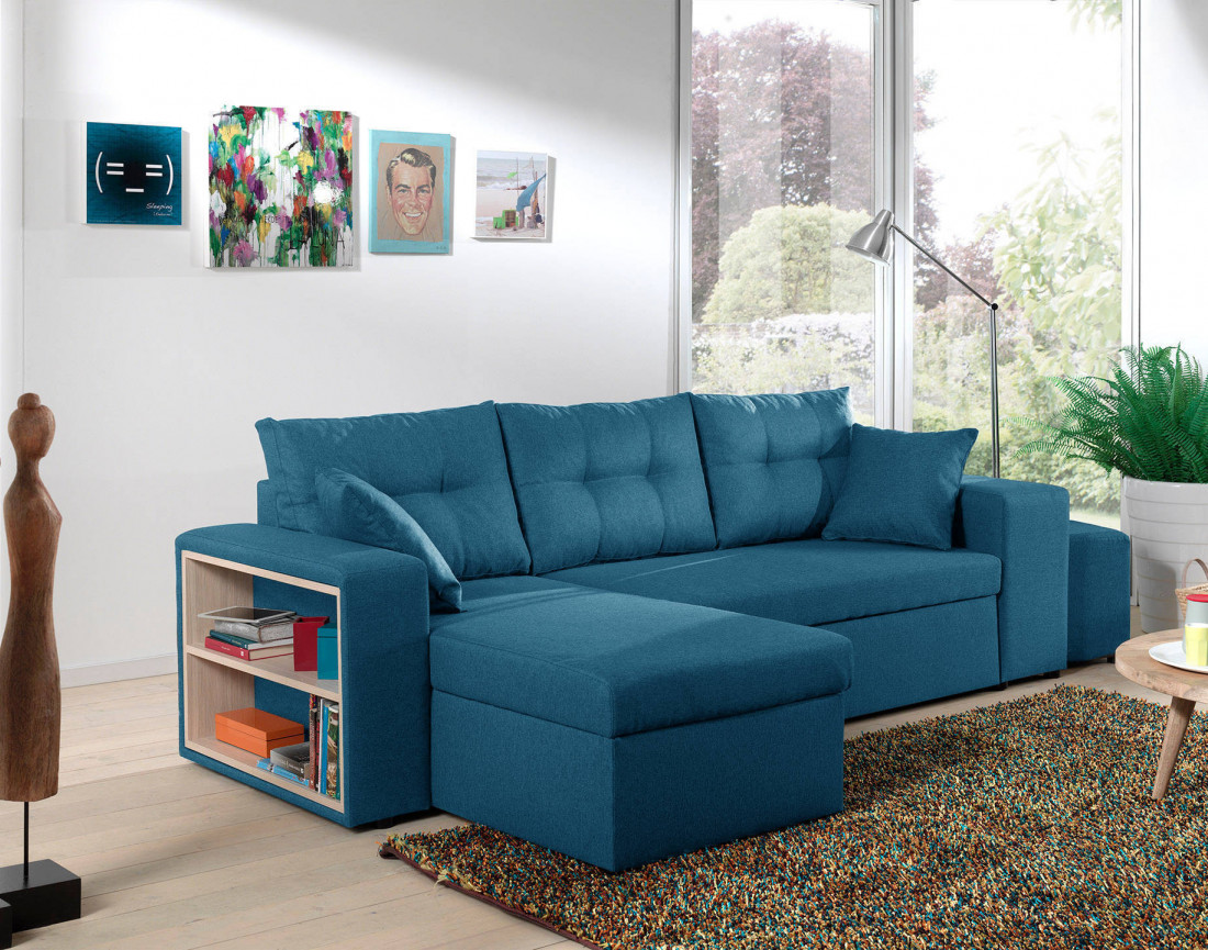 California - Canapé d'angle réversible et convertible avec coffre de rangement - 246x85x145cm - Bleu canard