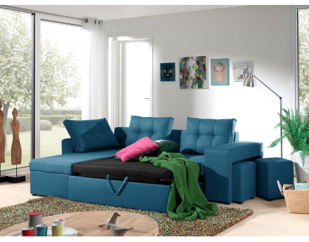 California - Canapé d'angle réversible et convertible avec coffre de rangement - 246x85x145cm - Bleu canard