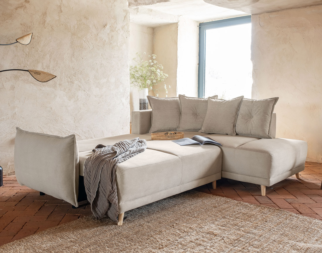 Canapé d'angle d'ange droit 5 places convertible avec coffre en velours côtelé Lena