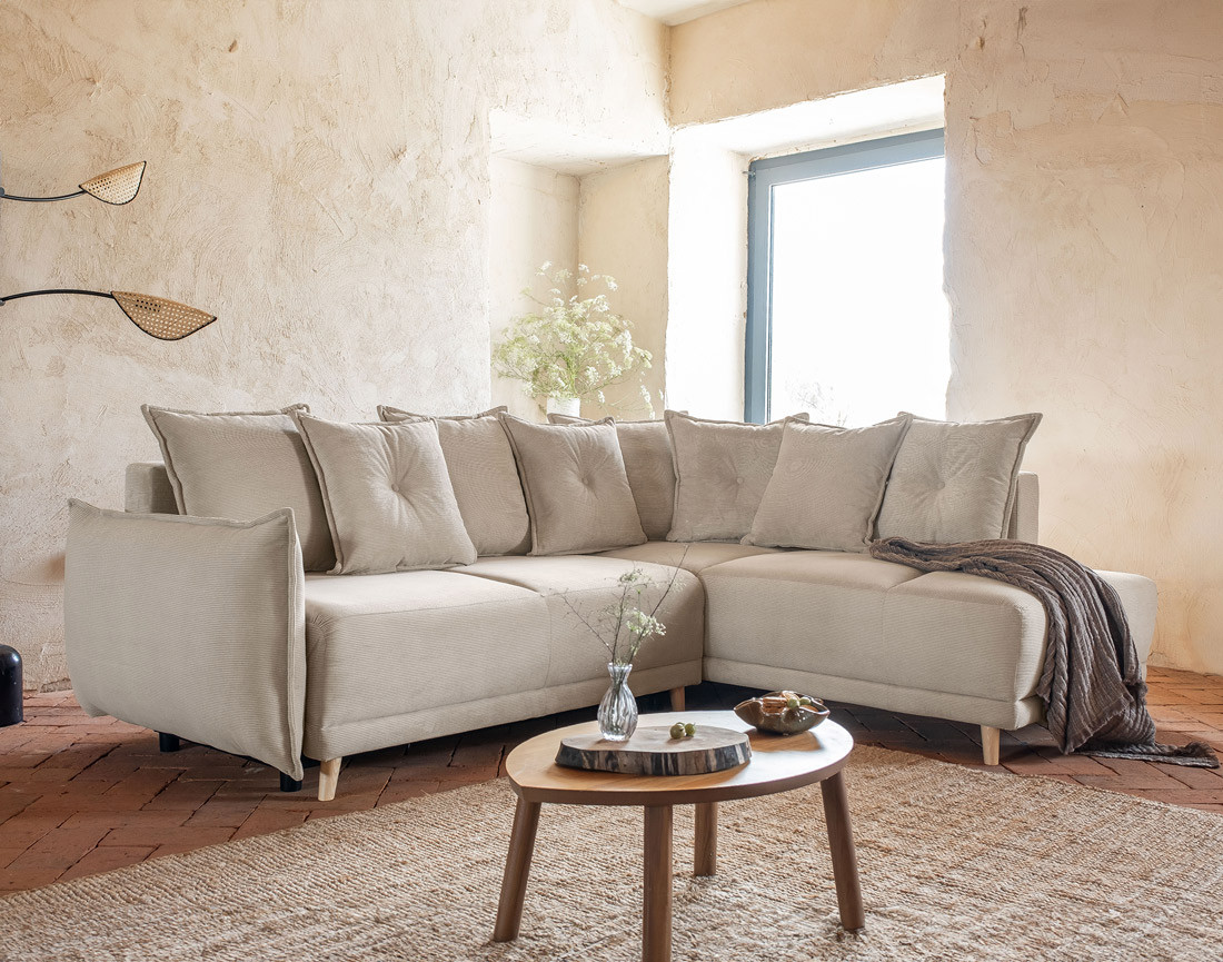 Canapé d'angle d'ange droit 5 places convertible avec coffre en velours côtelé Lena