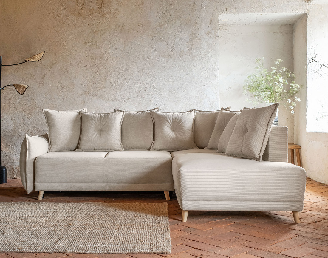 Canapé d'angle d'ange droit 5 places convertible avec coffre en velours côtelé Lena