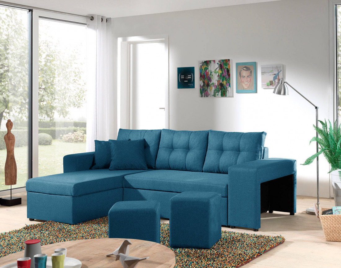 California - Canapé d'angle réversible et convertible avec coffre de rangement - 246x85x145cm - Bleu canard