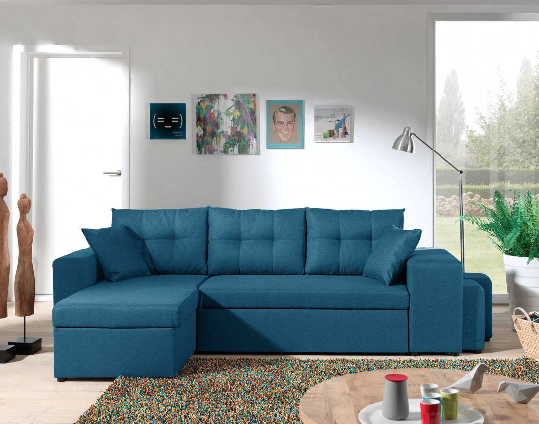 California - Canapé d'angle réversible et convertible avec coffre de rangement - 246x85x145cm - Bleu canard