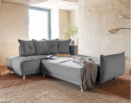 Canapé d'angle d'ange gauche 5 places convertible avec coffre en velours côtelé Lena