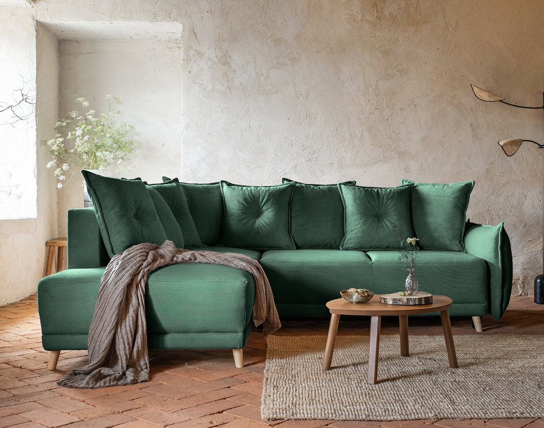 Canapé d'angle d'ange gauche 5 places convertible avec coffre en velours côtelé Lena