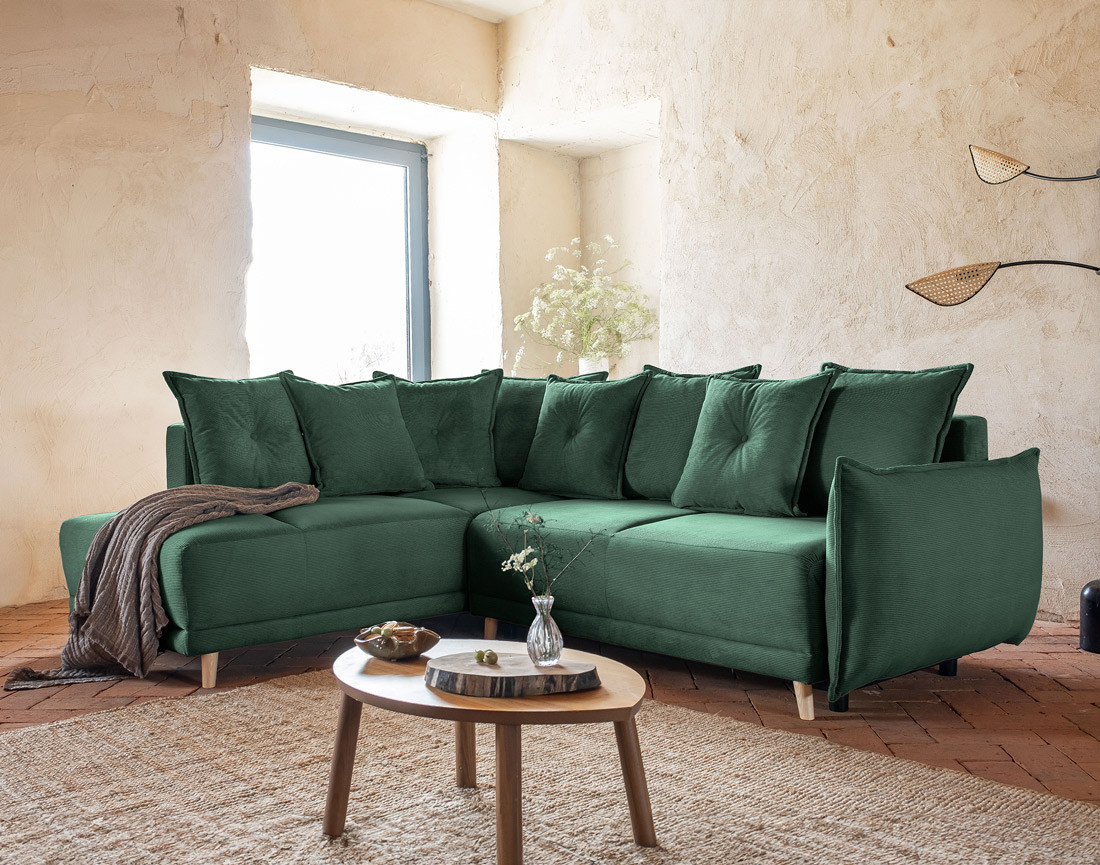 Canapé d'angle d'ange gauche 5 places convertible avec coffre en velours côtelé Lena