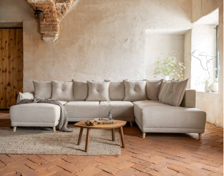 Canapé panoramique d'angle droit 7 places convertible avec coffre en velours côtelé Lena