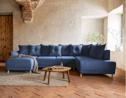 Canapé panoramique d'angle droit 7 places convertible avec coffre en velours côtelé Lena