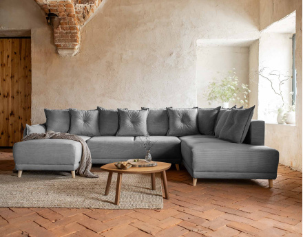 Canapé panoramique d'angle droit 7 places convertible avec coffre en velours côtelé Lena