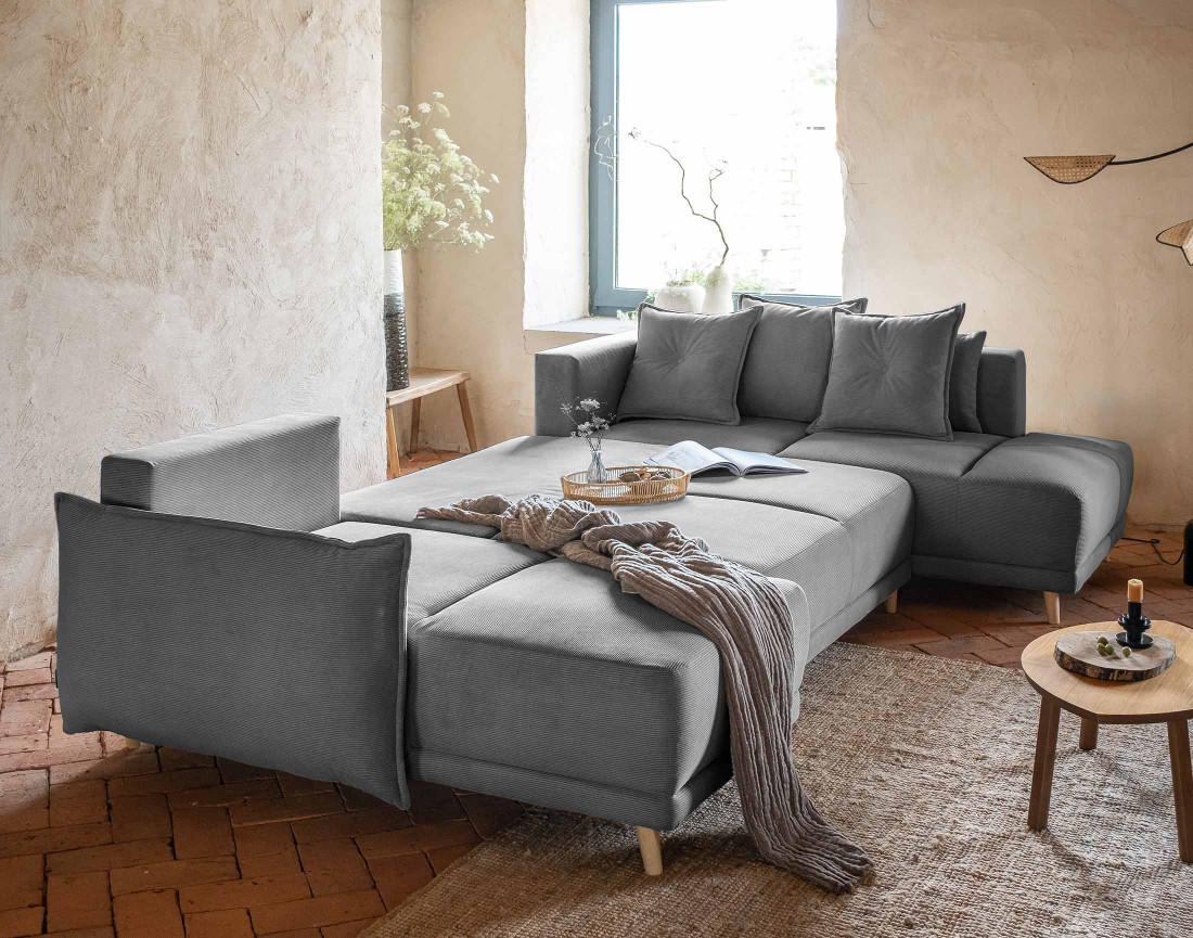 Canapé panoramique d'angle droit 7 places convertible avec coffre en velours côtelé Lena