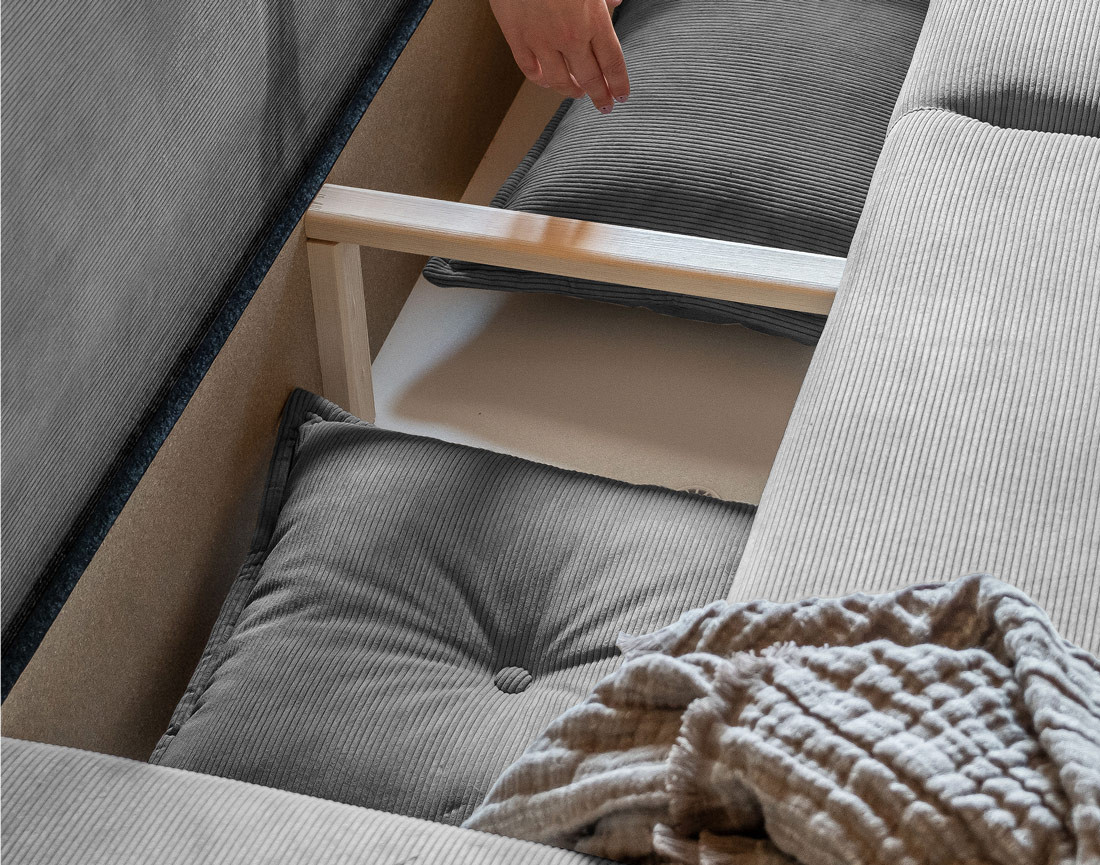 Canapé panoramique d'angle droit 7 places convertible avec coffre en velours côtelé Lena