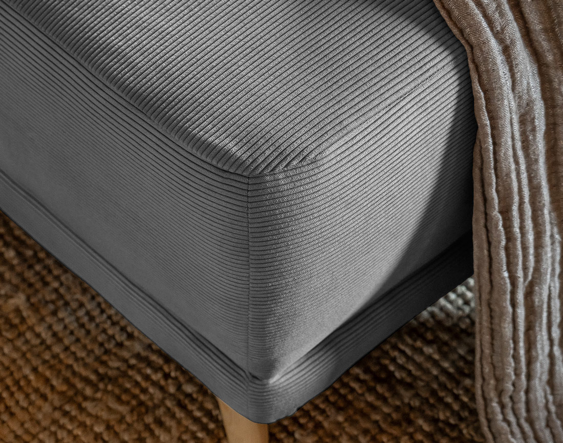 Canapé panoramique d'angle droit 7 places convertible avec coffre en velours côtelé Lena