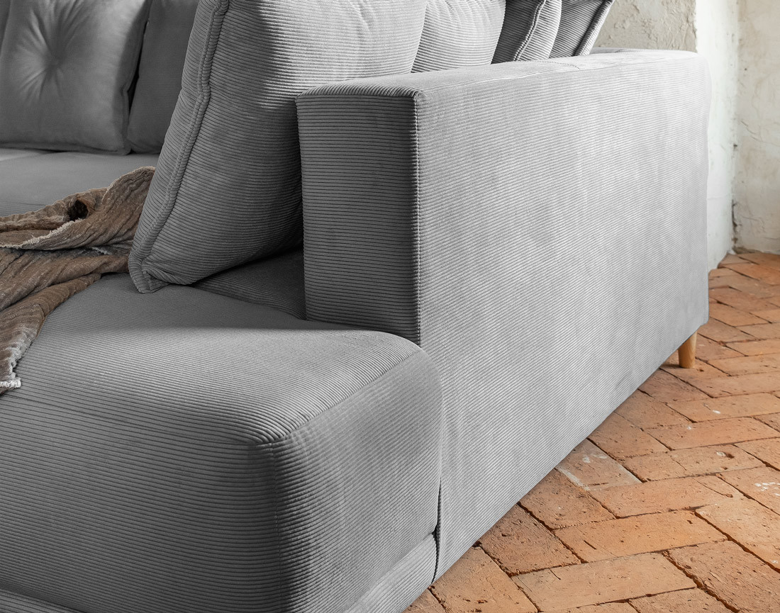 Canapé panoramique d'angle droit 7 places convertible avec coffre en velours côtelé Lena