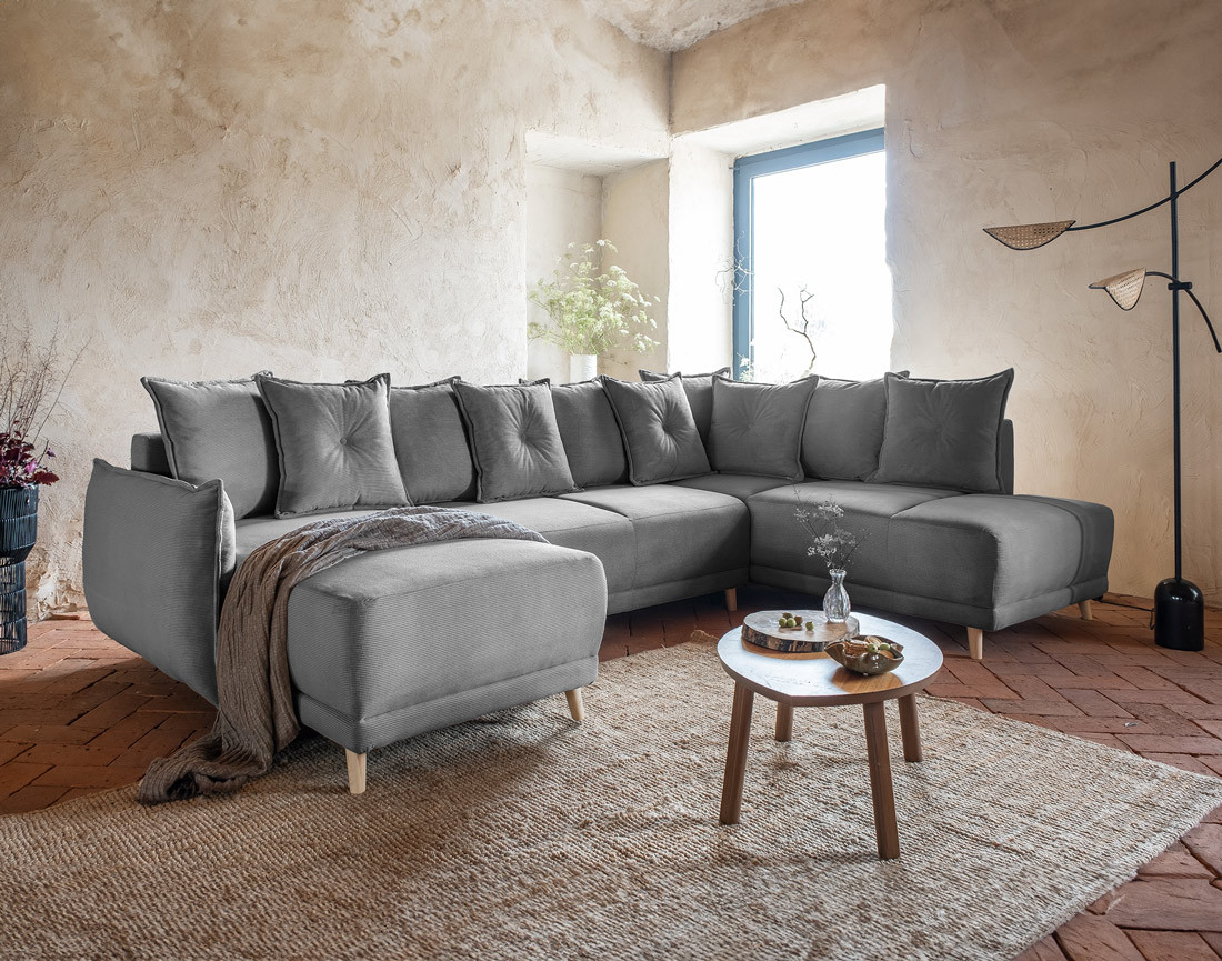 Canapé panoramique d'angle droit 7 places convertible avec coffre en velours côtelé Lena