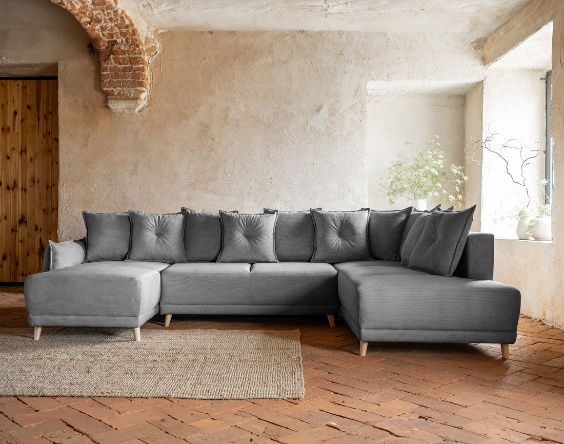 Canapé panoramique d'angle droit 7 places convertible avec coffre en velours côtelé Lena